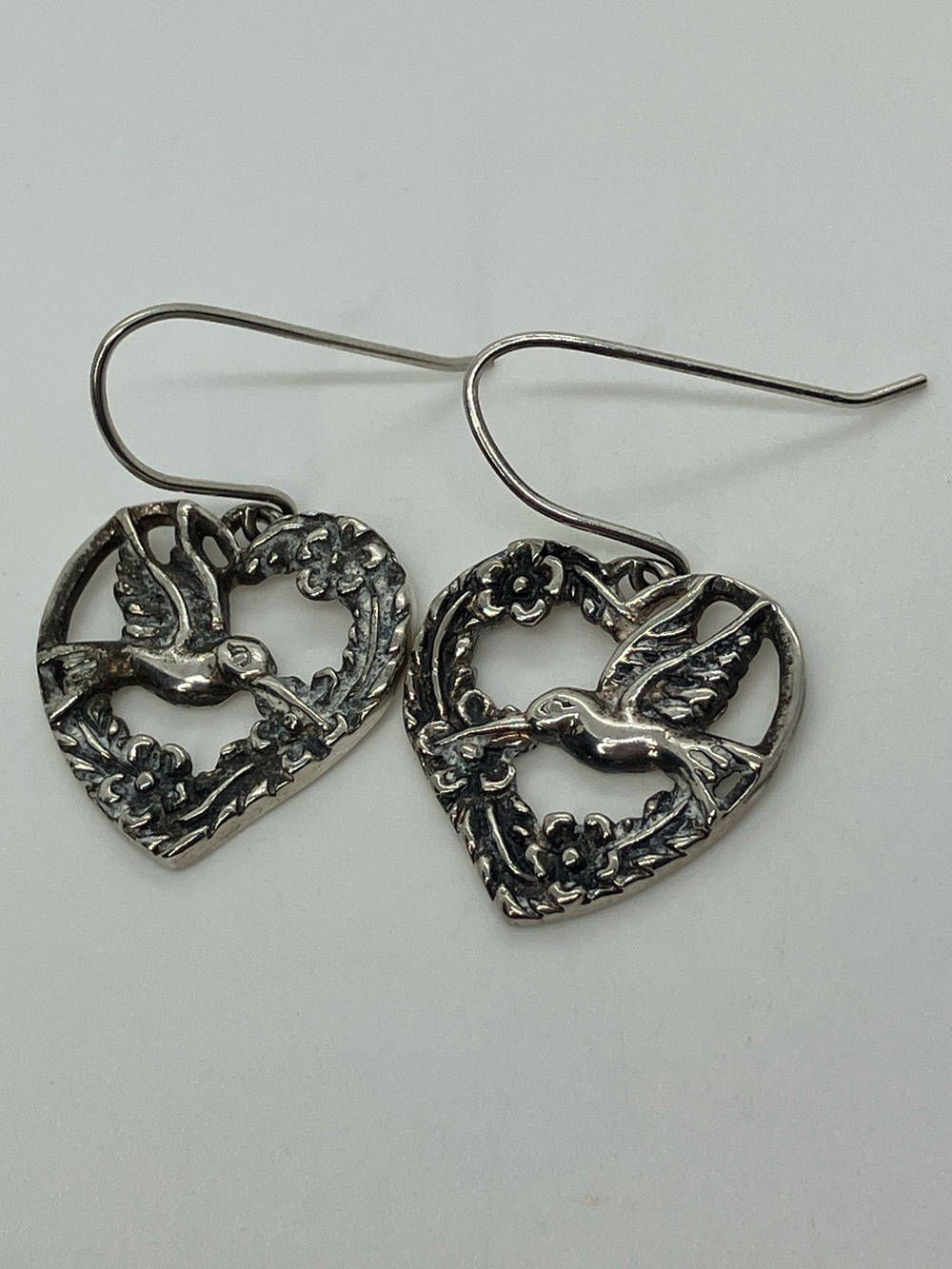 Vtg 925 Sterling Silver Floral Heart Hummingbird Bird Flower Earrings